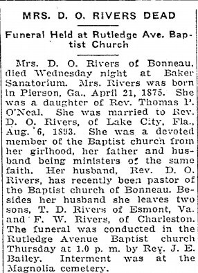 Lorena Ann Amanda "Lora" O'NEAL - Obituary - Charleston Evening Post, 14 Jan 1926